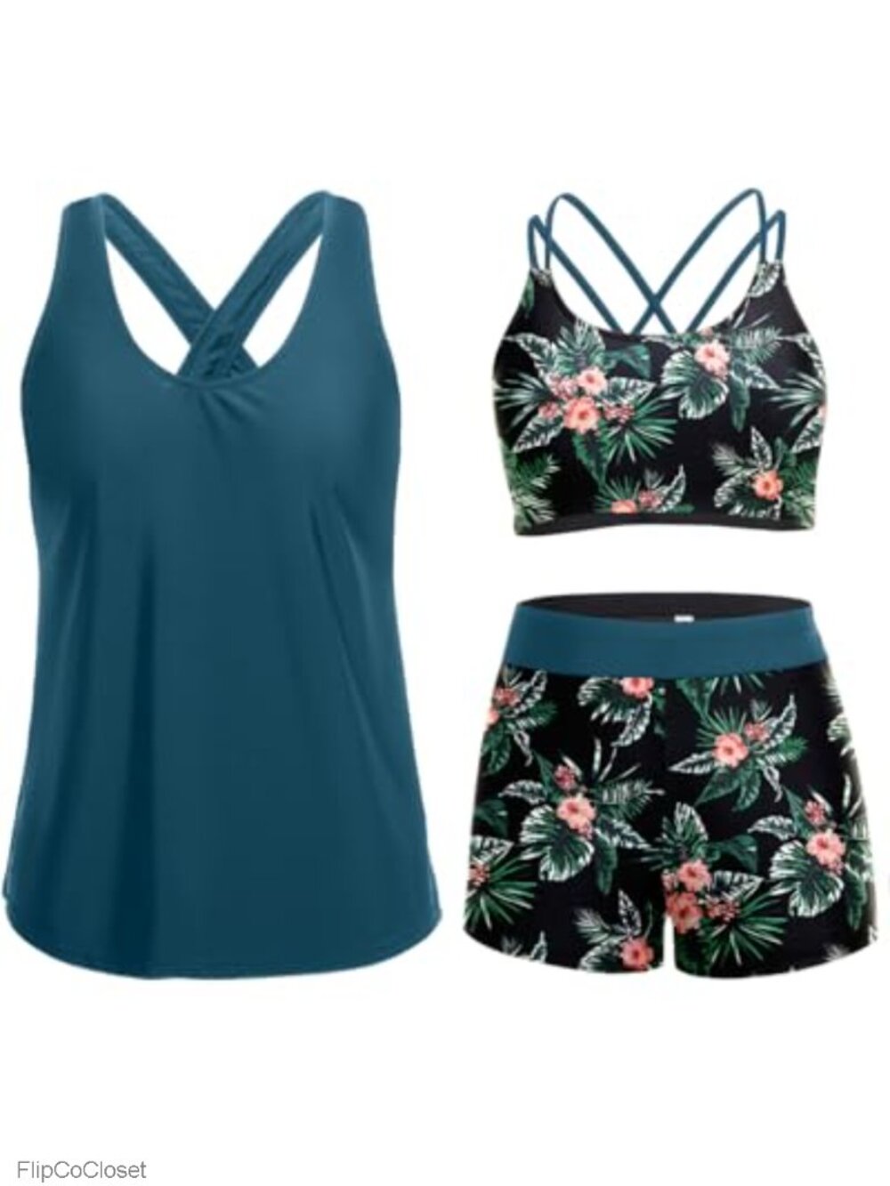 3-Piece Tankini Swimsuit Tummy Control with Boy Shorts Crisscross Back Modest